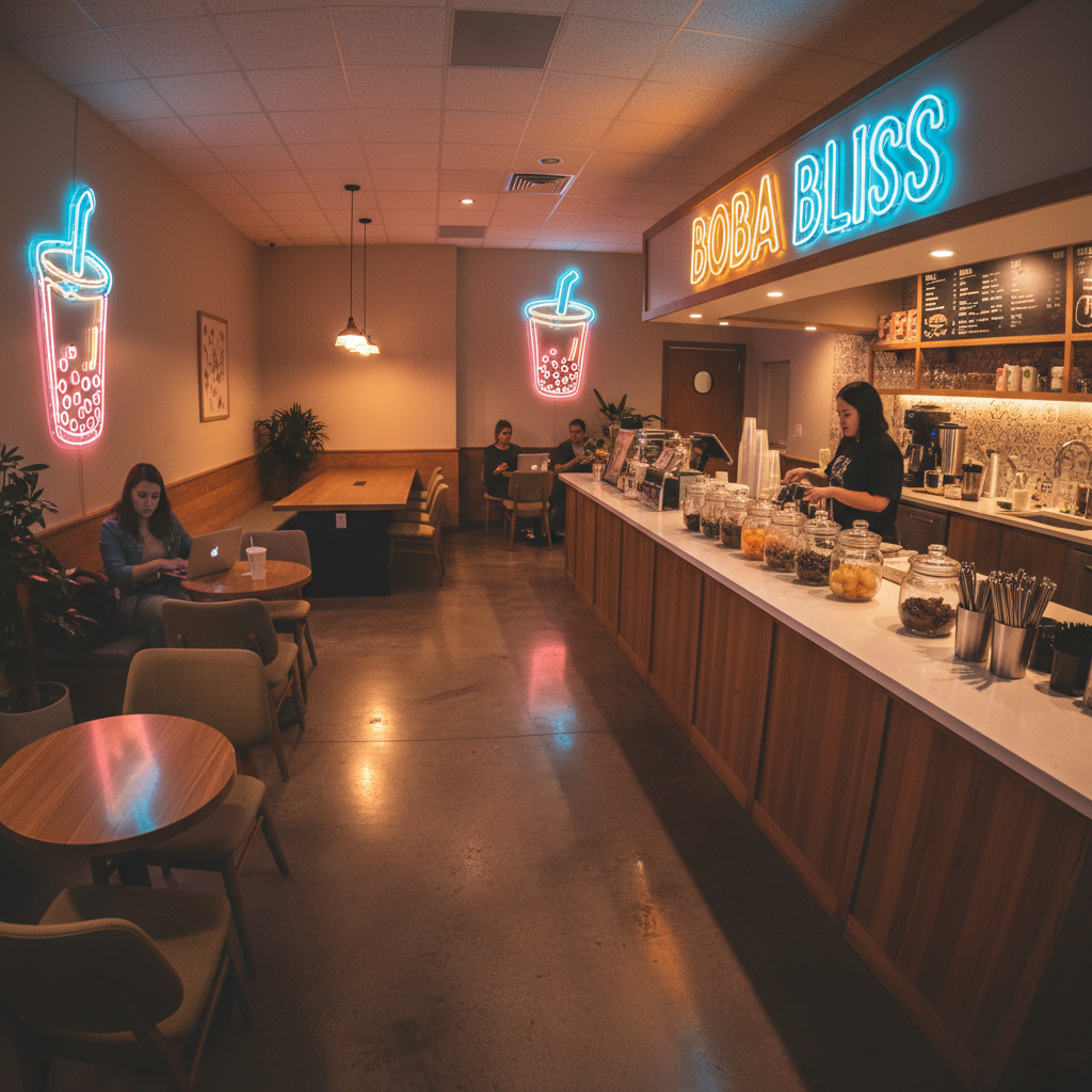 Warm boba tea shop interior with neon lighting, clean counters, and inviting atmosphere perfect for studying and socializing