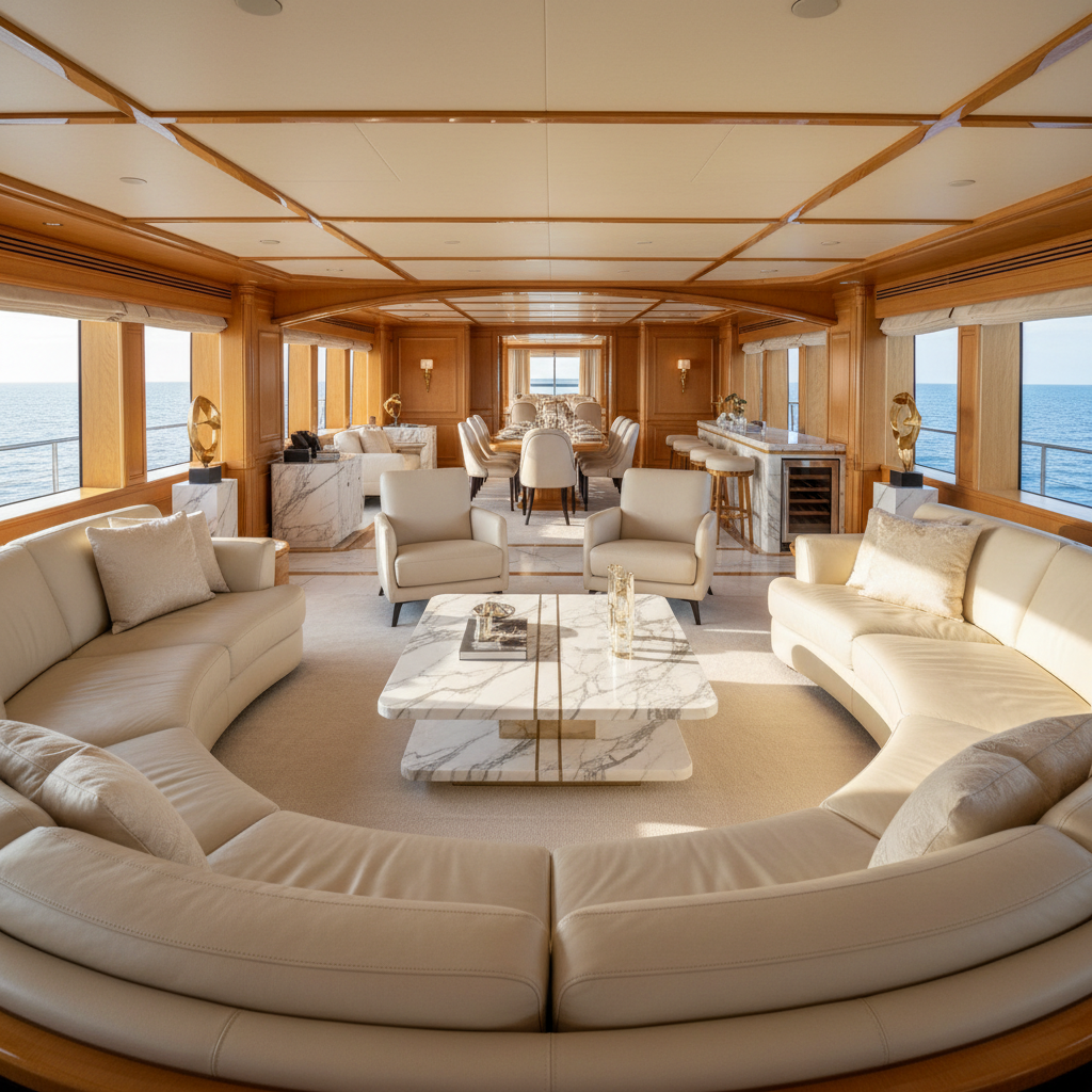 Interior salon of motor yacht with cream leather seating and teak woodwork in warm light