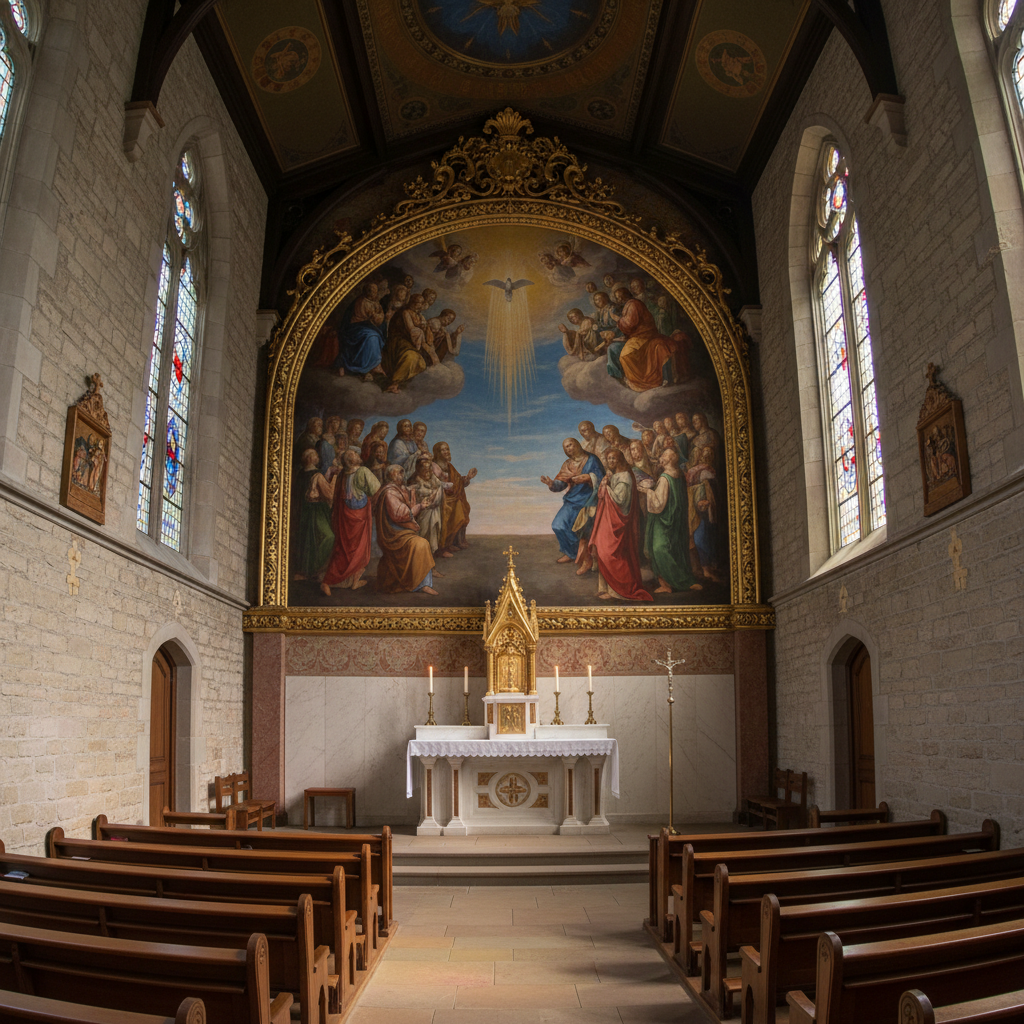 Interior of the Heilige Geist Kirche chapel at St. Paul's College, showing the altar fresco