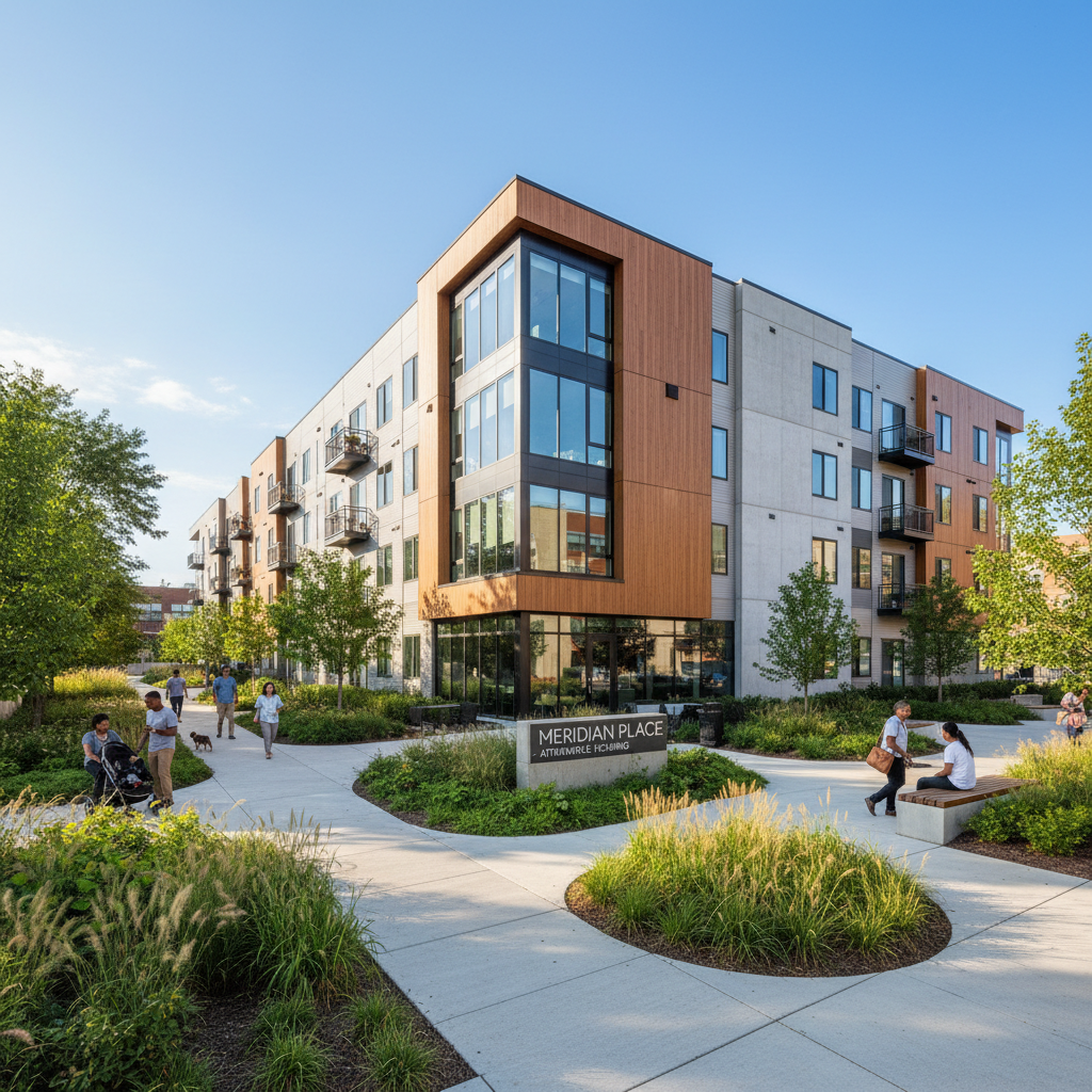 Meridian Place attainable housing development in Columbus Ohio with mixed-income apartment building