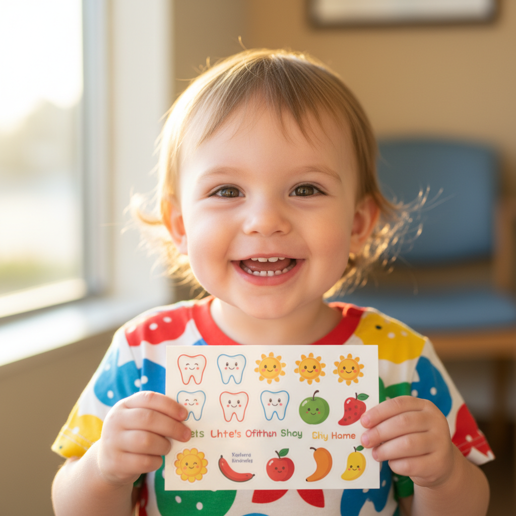 Smiling toddler holding sticker sheet after dental visit, wearing colorful shirt