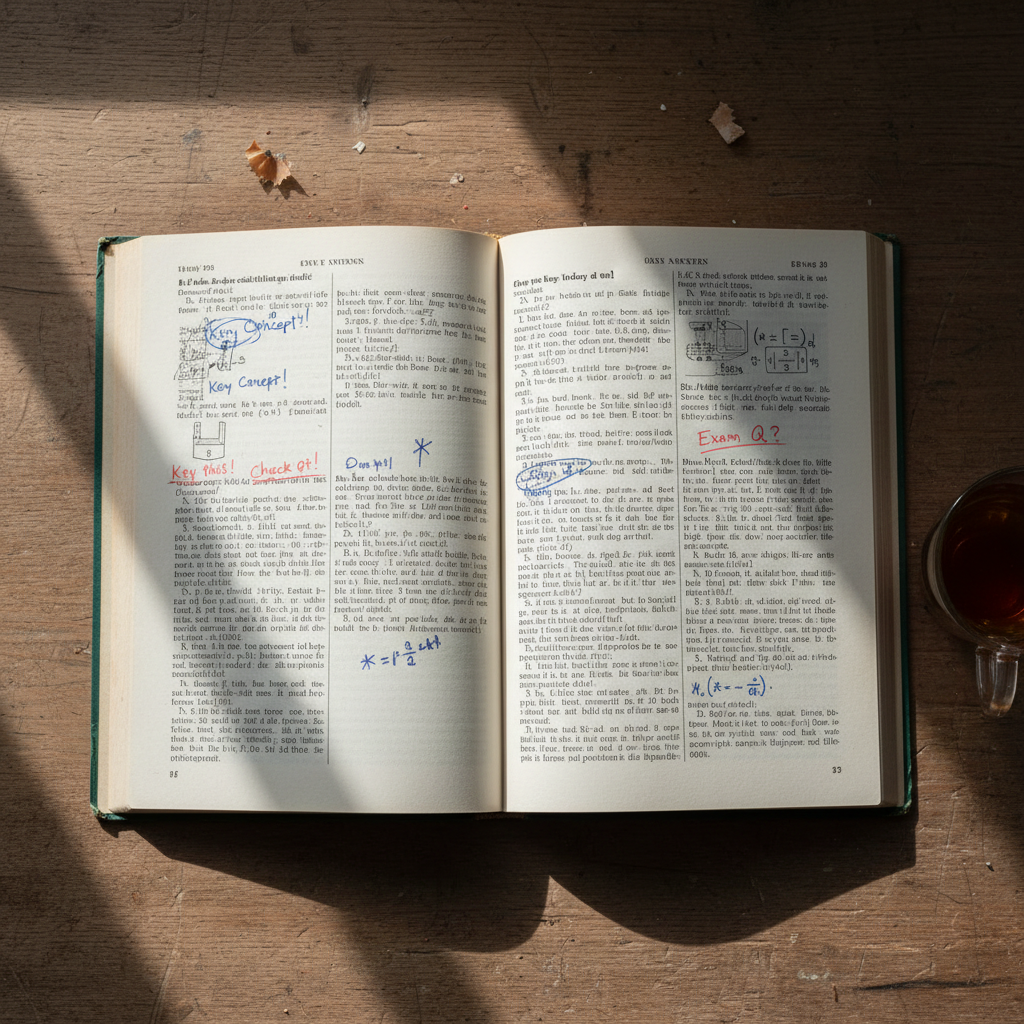 Open textbook with annotations on a wooden desk