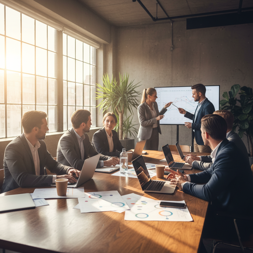 Professional B2B consulting team meeting in bright modern office, collaborative strategy session, natural light workspace