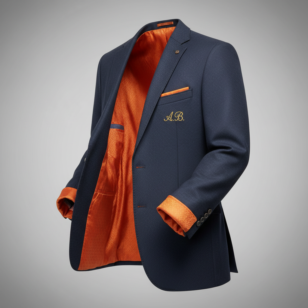 3D rotating personalized blazer with contrast lining visible at the cuff on laptop customization interface