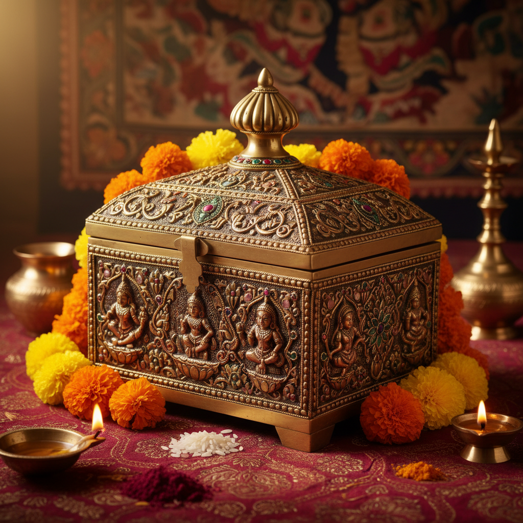 Ornate temple prasad box with marigolds and sacred items, warm golden light, rich fabric backdrop, ceremonial presentation, deeply atmospheric
