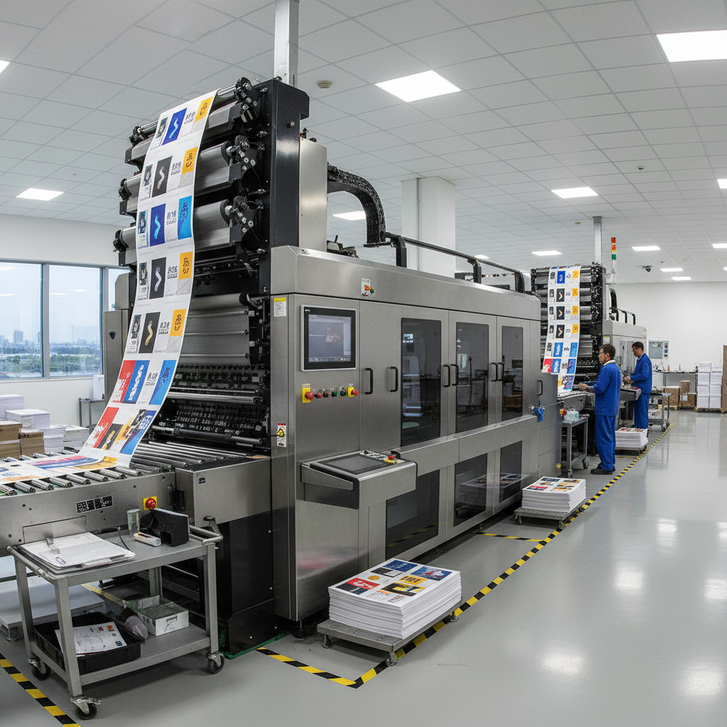 Digital printing machine printing colorful design on fabric, professional printing facility, bright clean workspace
