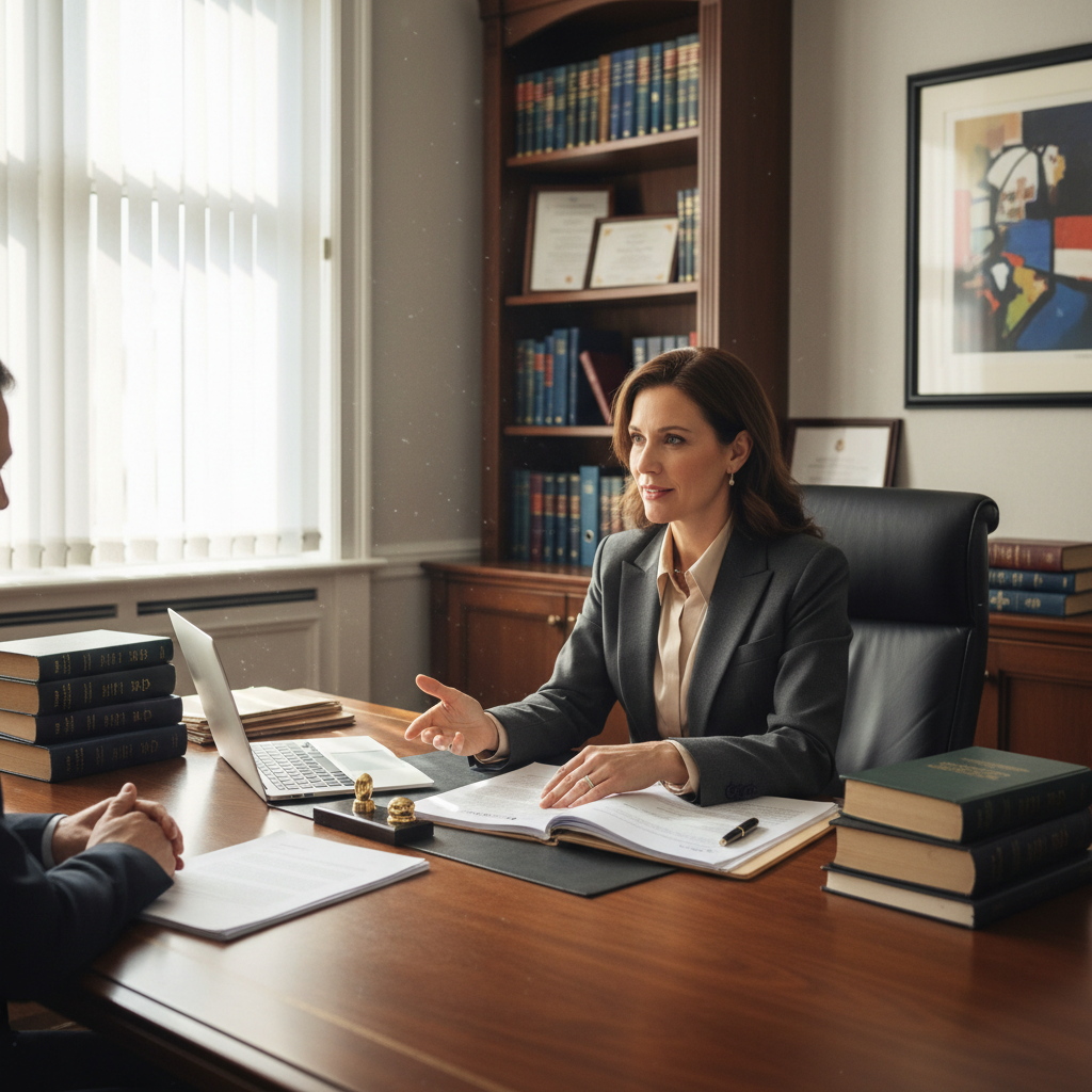 Lawyer consulting with client in dark professional law office setting