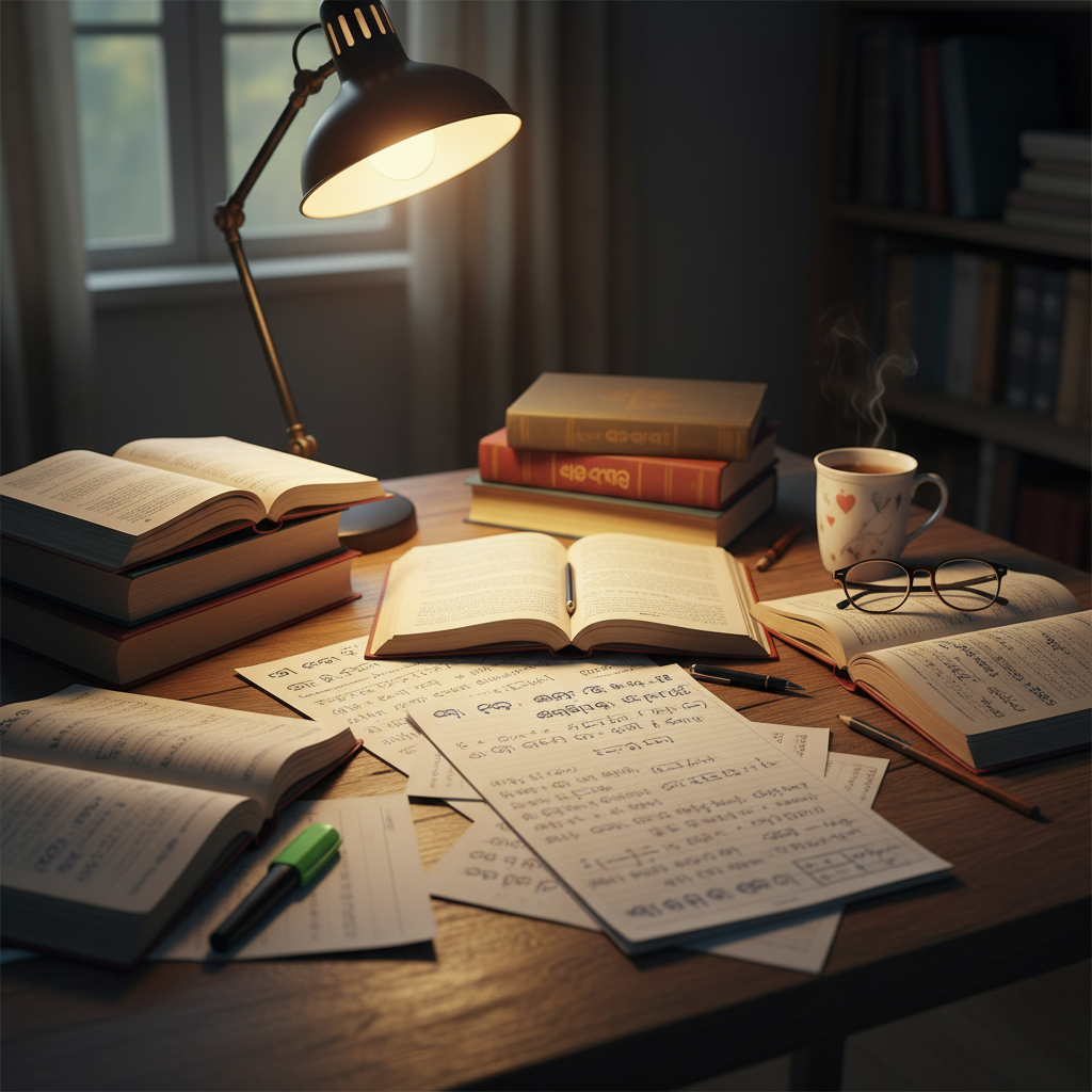 Warm, natural light falling on an open notebook with handwritten notes and a coffee cup — a calm study atmosphere