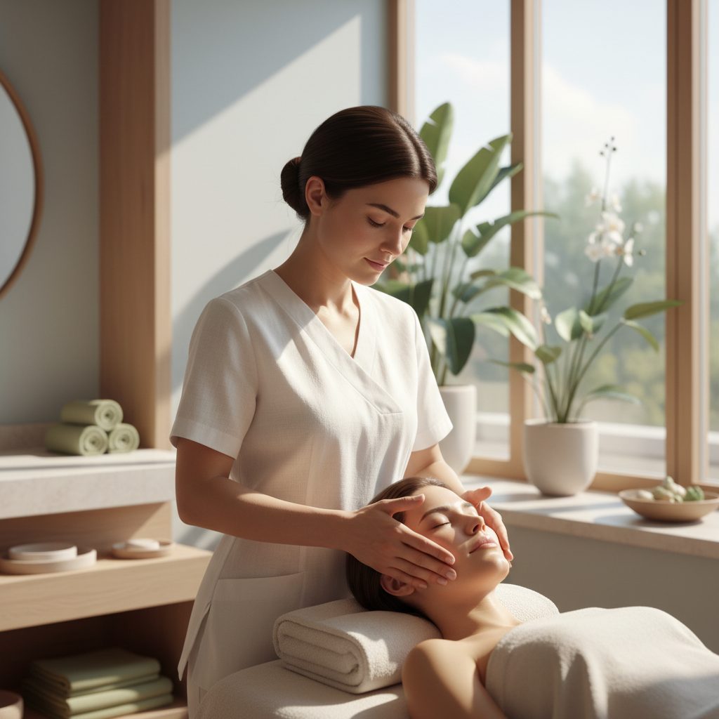 Therapist performing a gentle facial massage on a client in a bright, airy treatment room with soft white towels