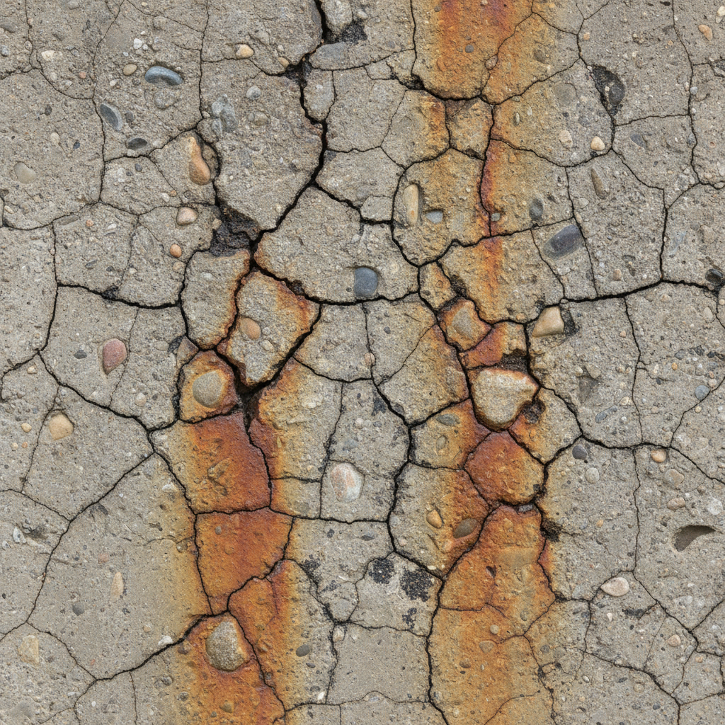 Bridge abutment concrete surface showing map cracking and orange-brown staining from ASR
