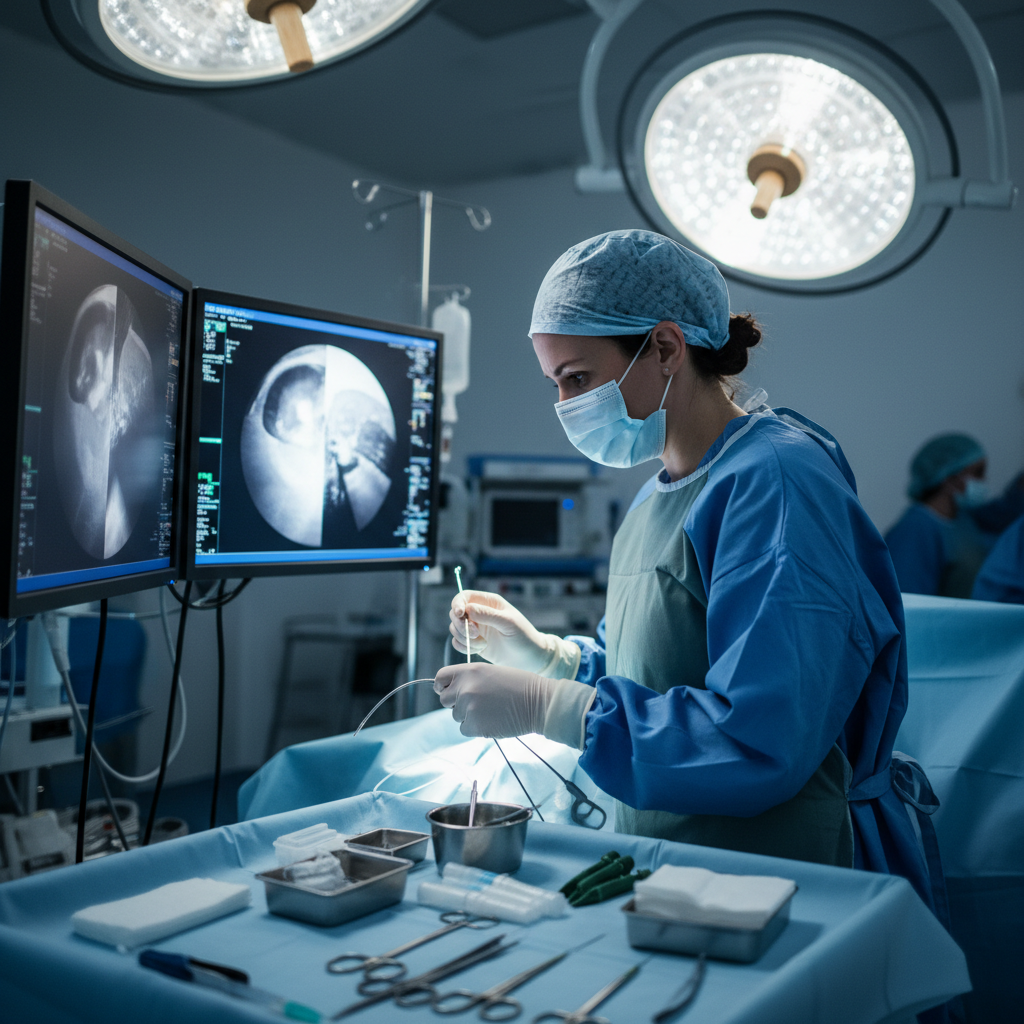 South Asian female healthcare professional in surgical scrubs and mask in an operating room environment
