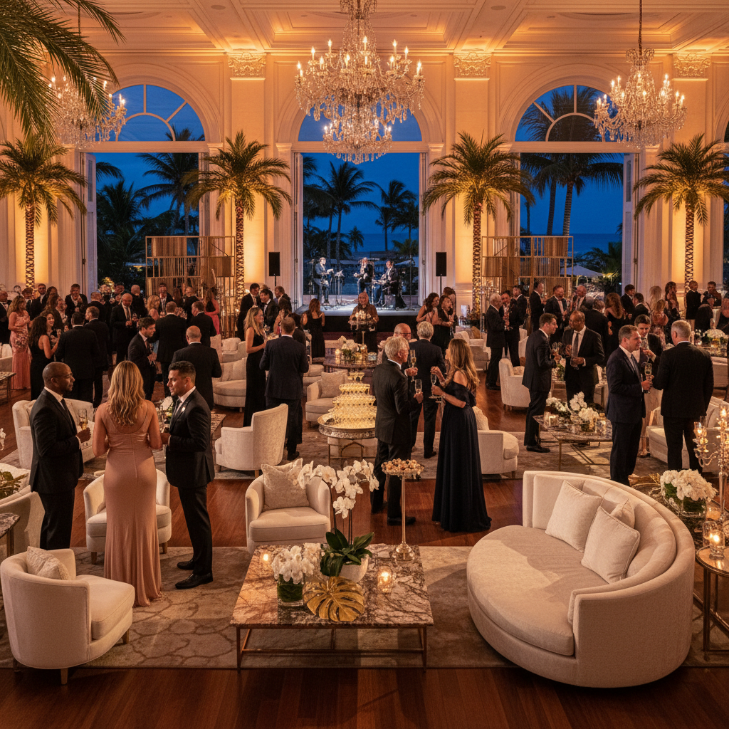 Evento corporativo de lujo con iluminación dorada y mobiliario premium en República Dominicana