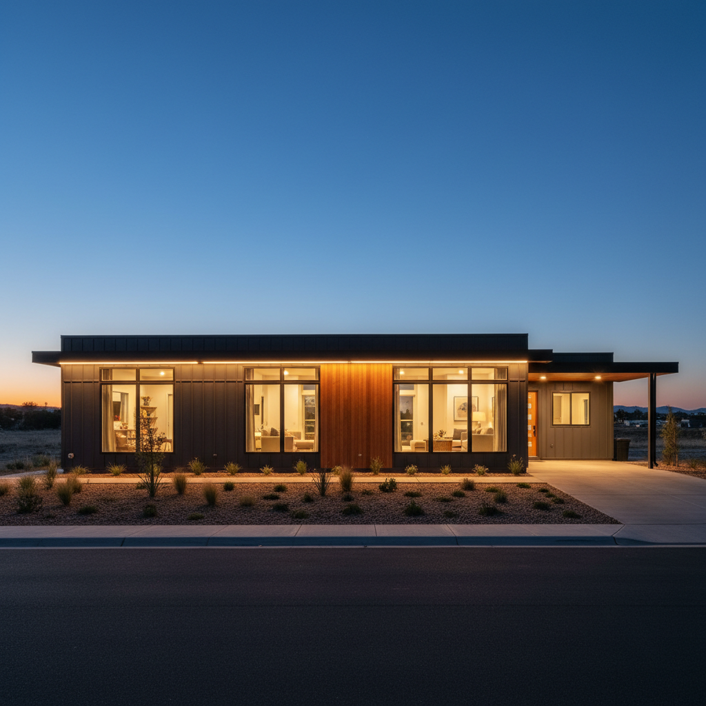 Exterior of a modern manufactured home at dusk with warm interior lights glowing through windows