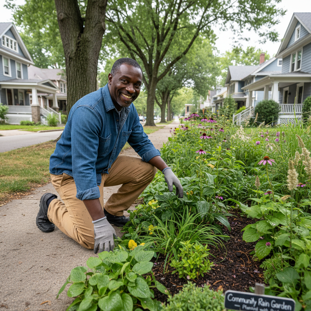 A Black man in his 50s kneeling beside a flourishing rain garden on a neighborhood sidewalk, looking proud