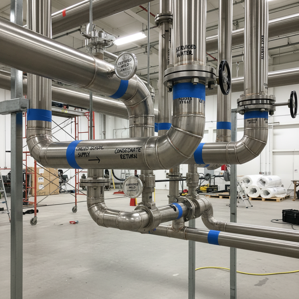 Completed pipe system with certified welds, labeled and ready for insulation