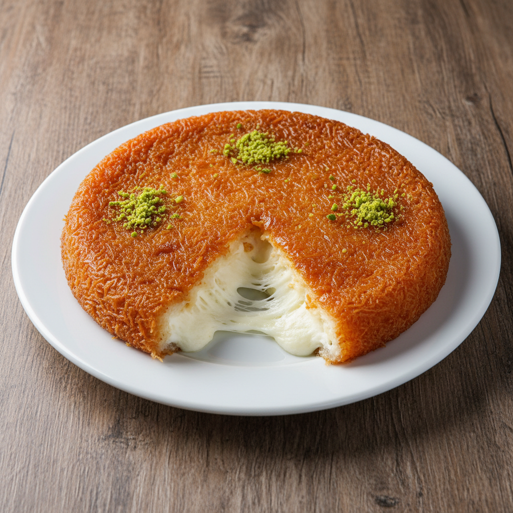 Golden crispy kunafa with stretchy cheese filling, rose water syrup, and crushed pistachio topping