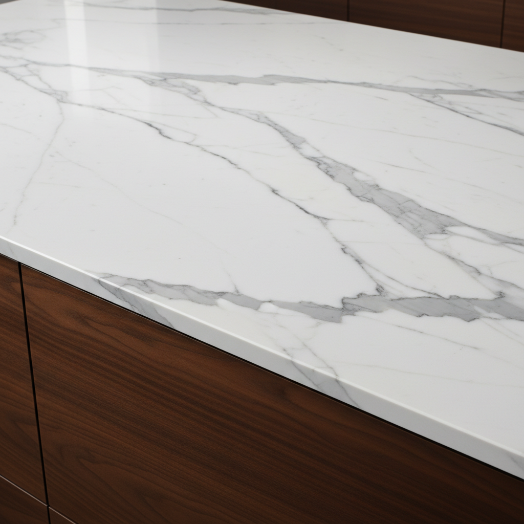 Seamless white marble epoxy kitchen floor, bright open kitchen, dramatic contrast with dark cabinetry