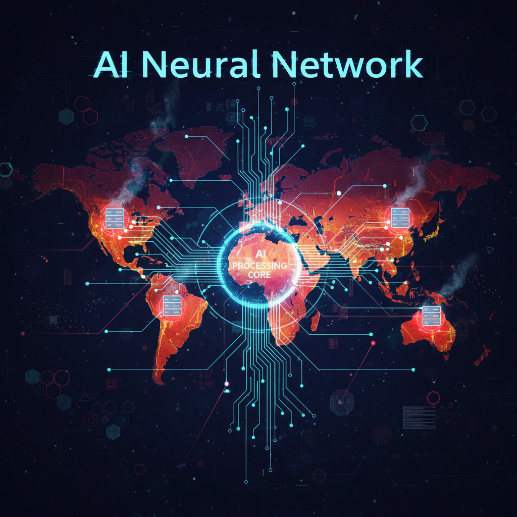 AI neural network diagram overlaid on cybersecurity threat map