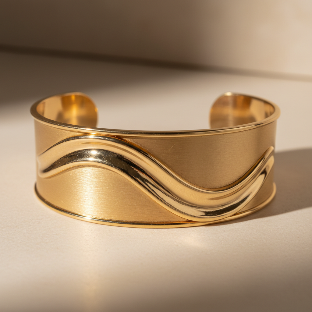 Wide gold cuff bracelet statement piece for festive occasions