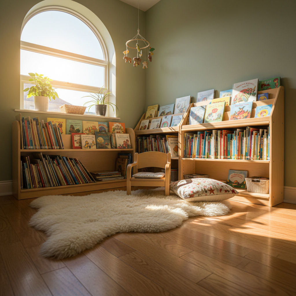 Warm, sunlit classroom with cozy reading corner, soft rugs, and low bookshelves filled with colorful books — bright airy natural light, welcoming and safe environment