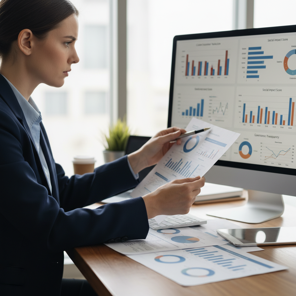 Financial analyst reviewing ESG investment metrics and sustainability reports