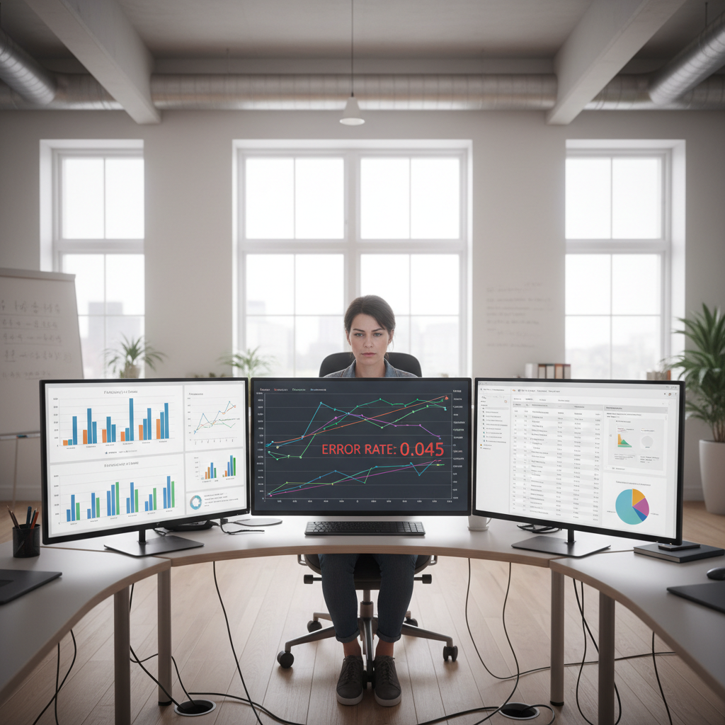 Professional portfolio analysis on multiple computer monitors showing financial data charts and investment performance in modern office
