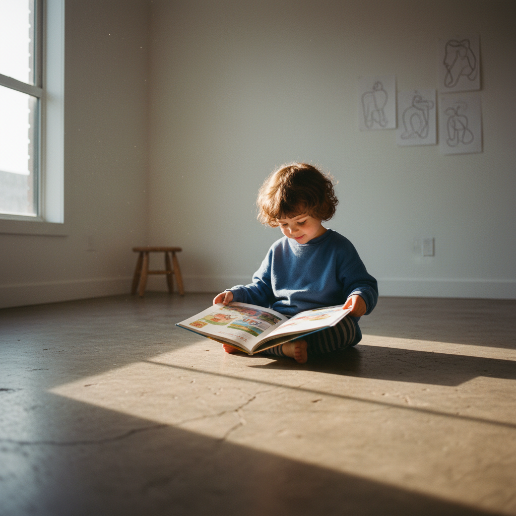 A child sitting on a concrete floor in a sparse room, reading the only book visible in the space — afternoon light falling across the pages