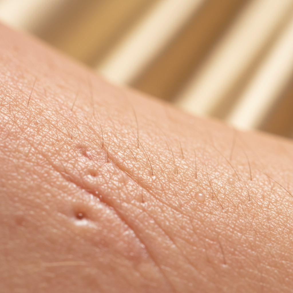Extreme close-up macro photograph of T-zone skin texture showing pores and surface detail under diffused champagne light