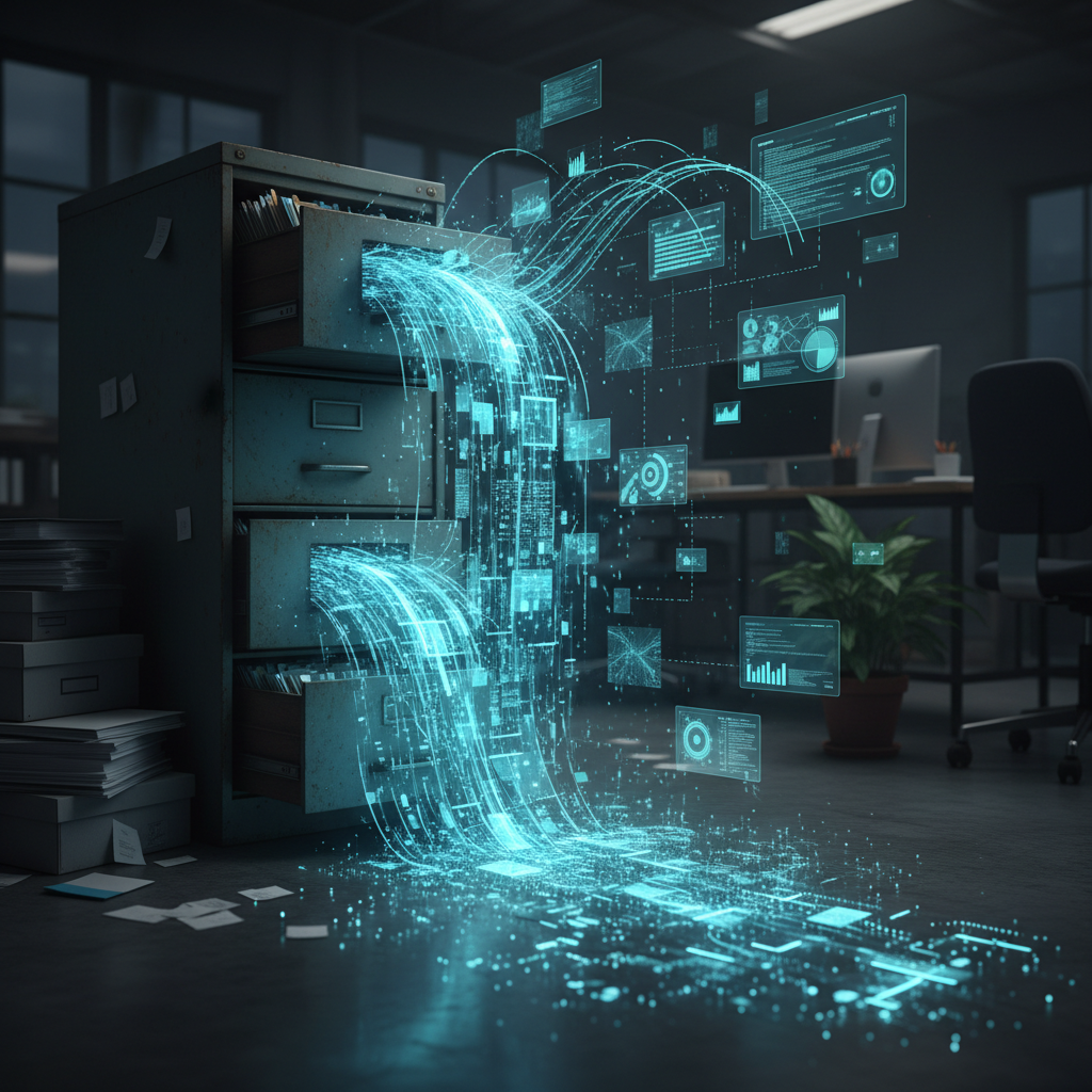 File cabinet opening to reveal flowing streams of connected digital documents