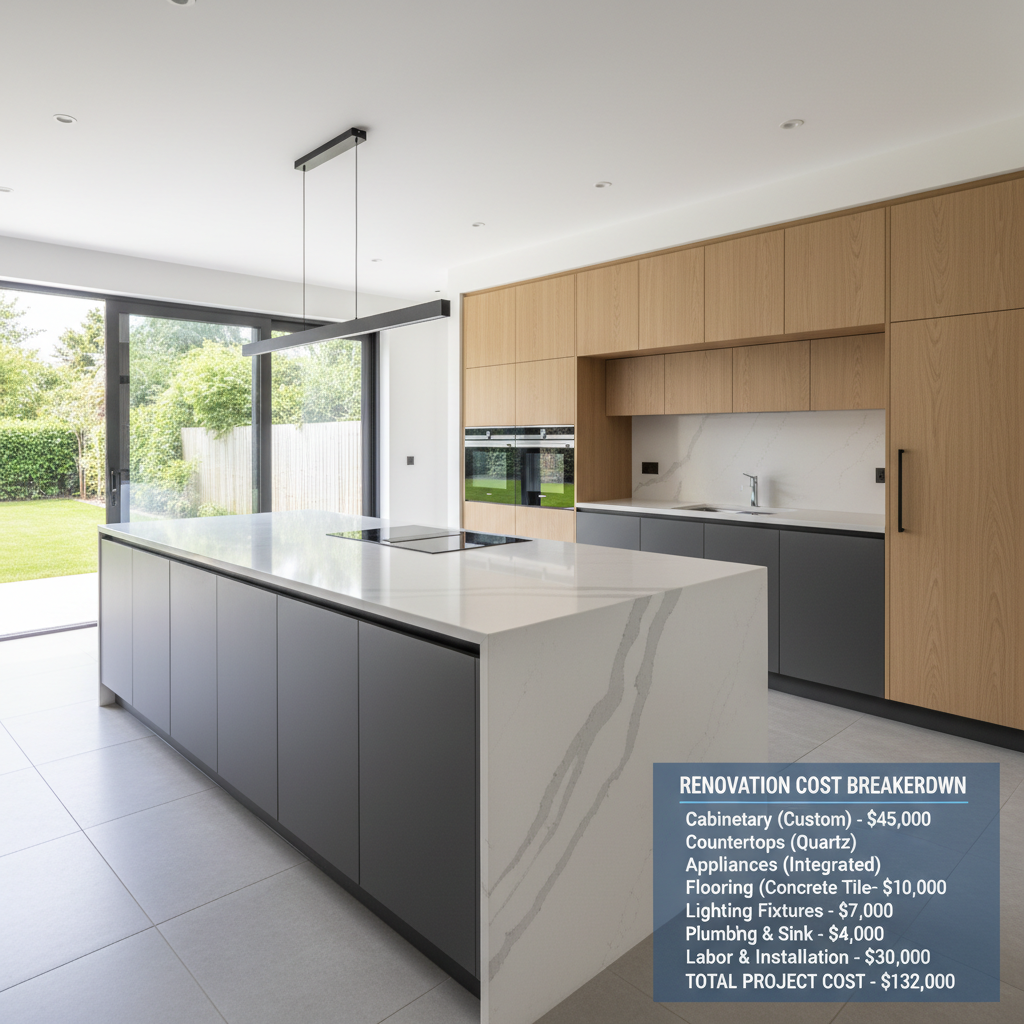 Modern kitchen renovation in Barcelona showcasing premium finishes, quartz countertops, and integrated appliances with detailed cost breakdown overlay