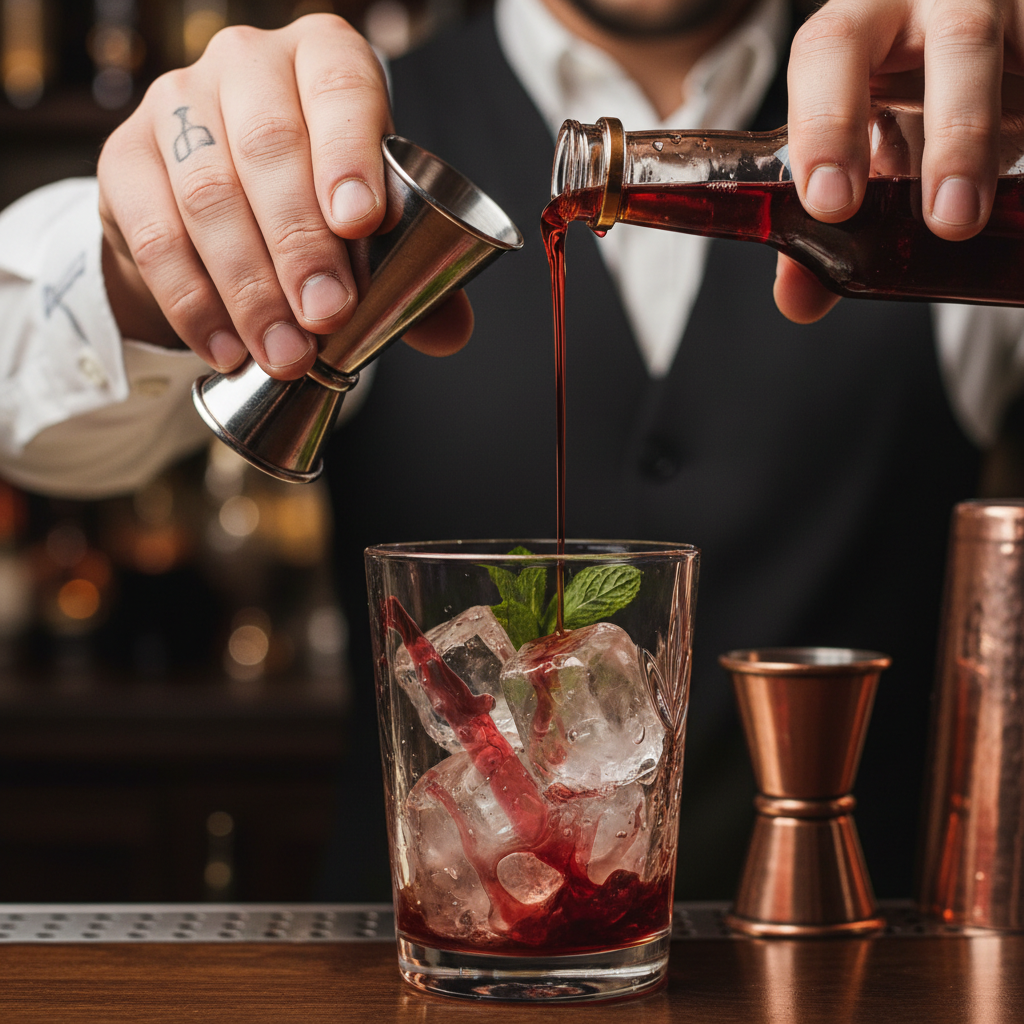 Bartender carefully preparing a craft cocktail with precise, deliberate movements