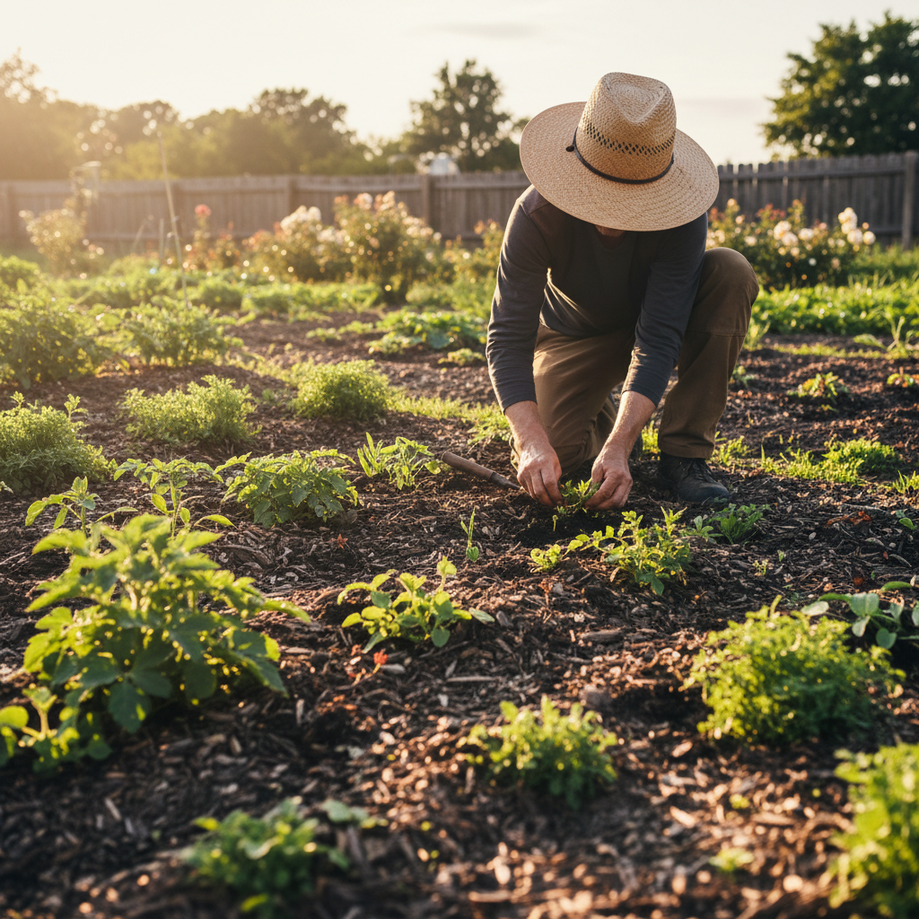 Person kneeling in garden beds with seedlings, warm afternoon light casting long shadows