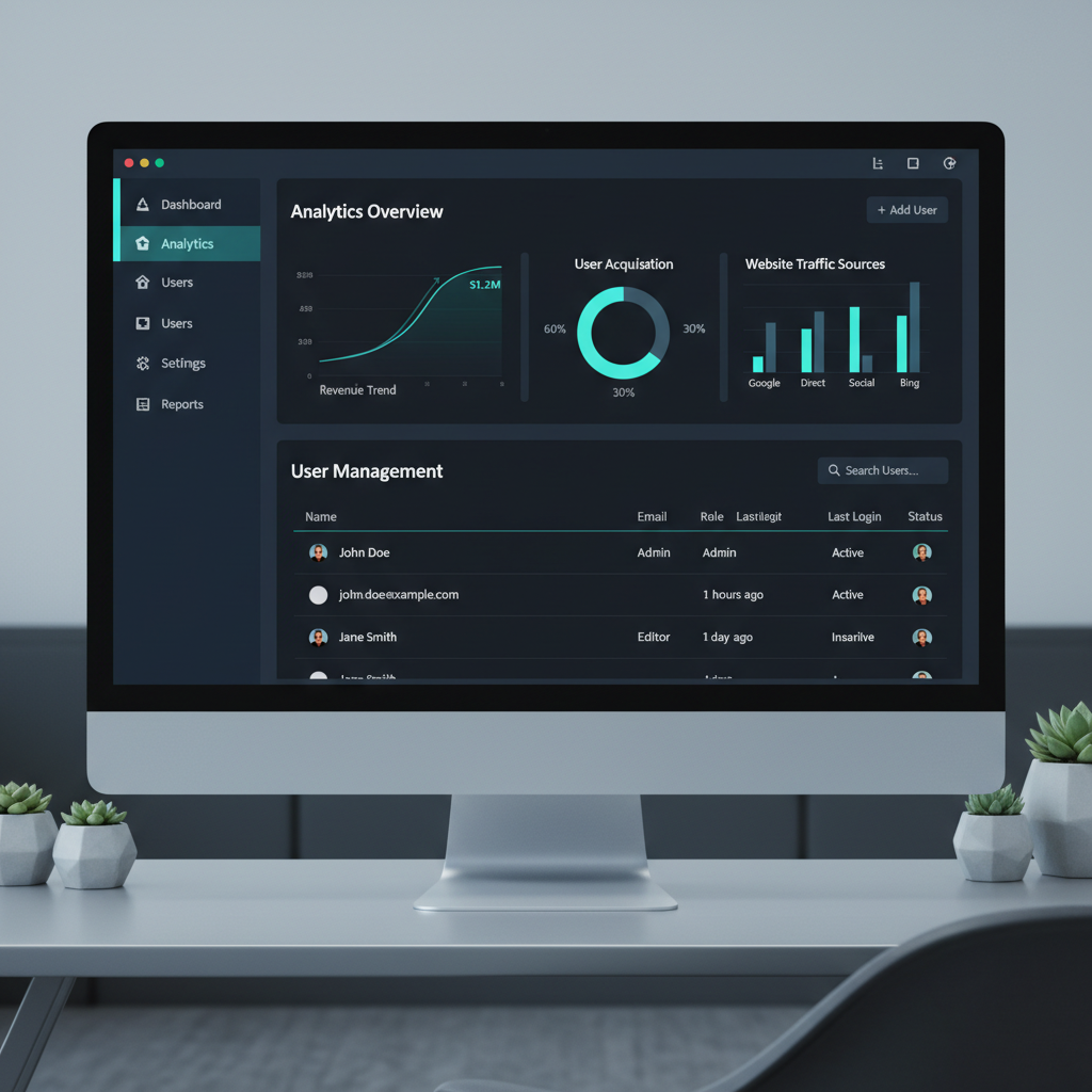 Modern web application dashboard with security indicators, user management panel, and activity logs on dark background