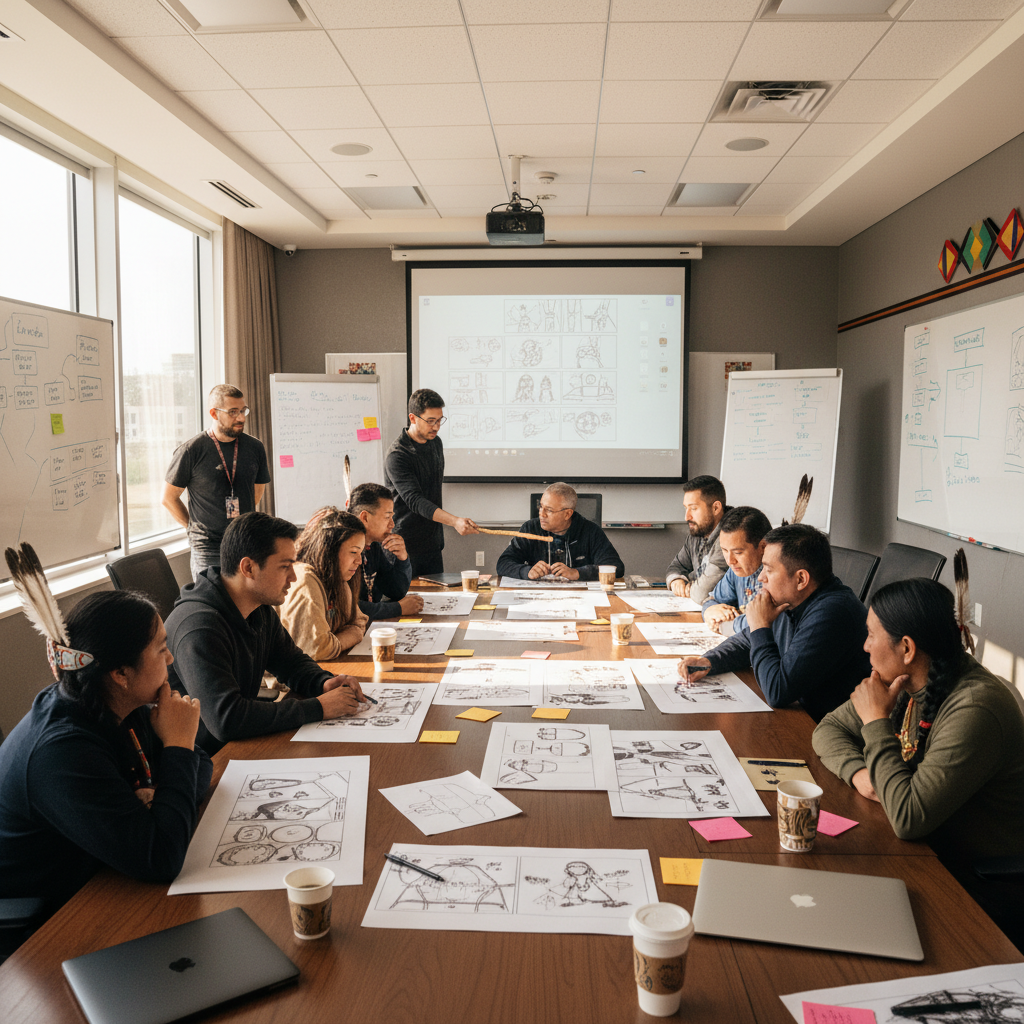 Production team reviewing storyboards with tribal council members