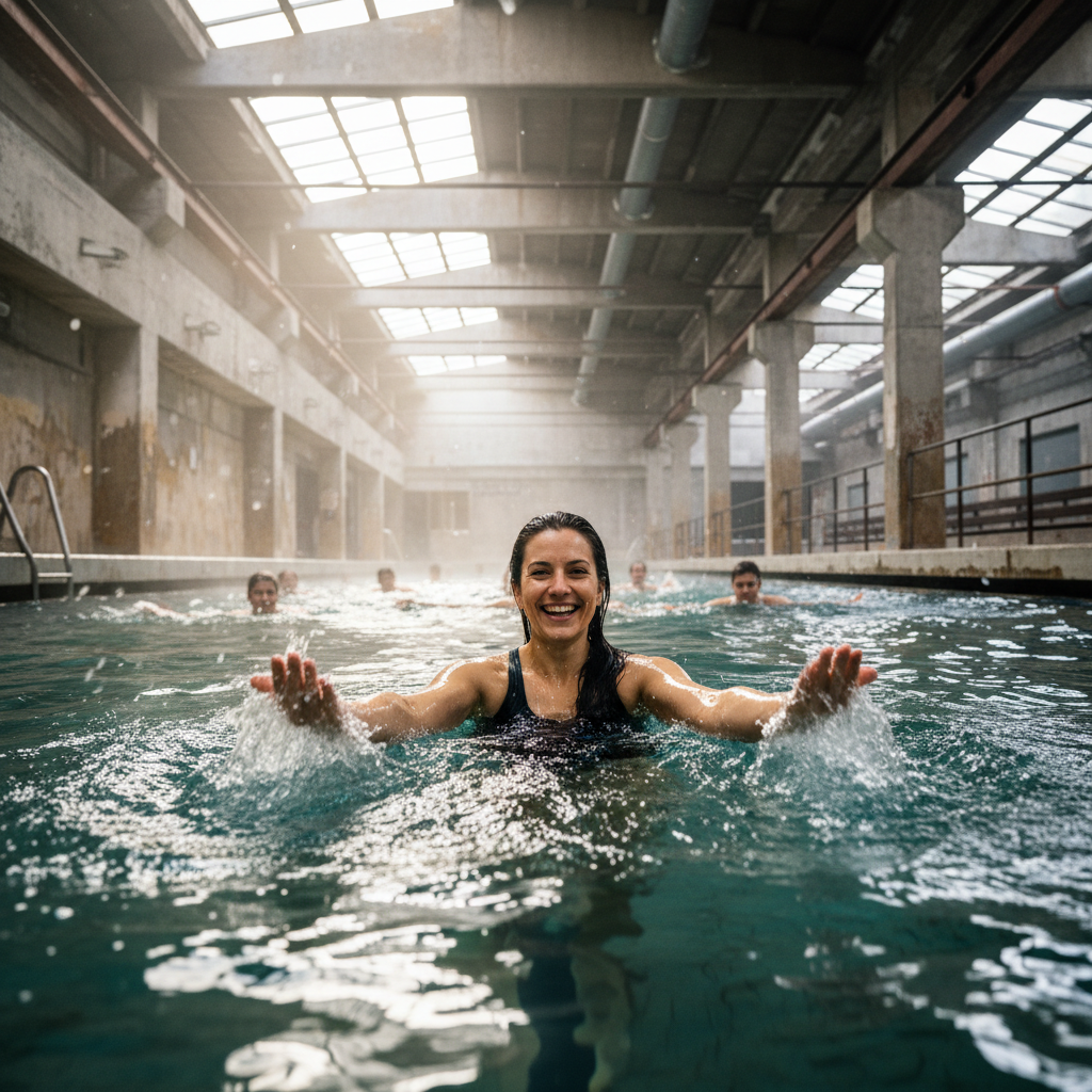 Woman smiling during water aerobics class in industrial pool setting