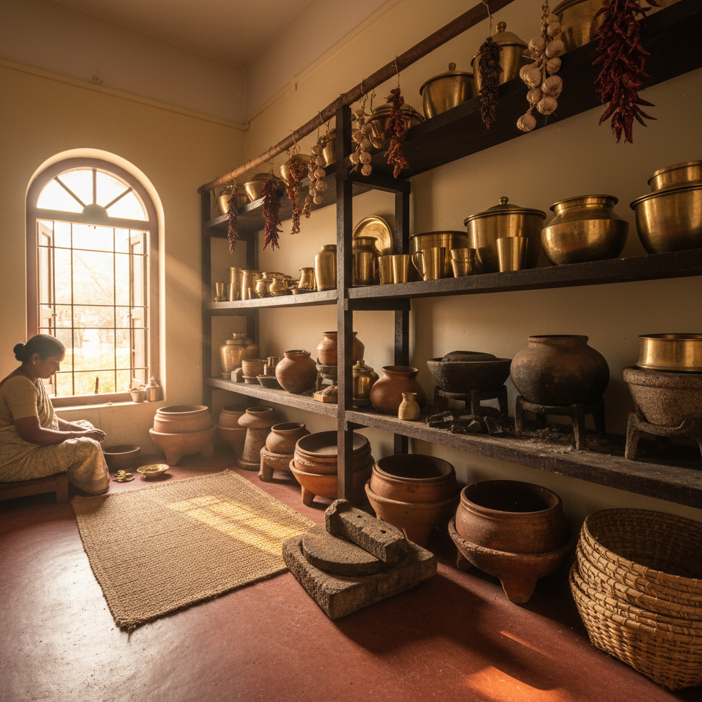 Brass vessels and copper urns in a traditional South Indian kitchen