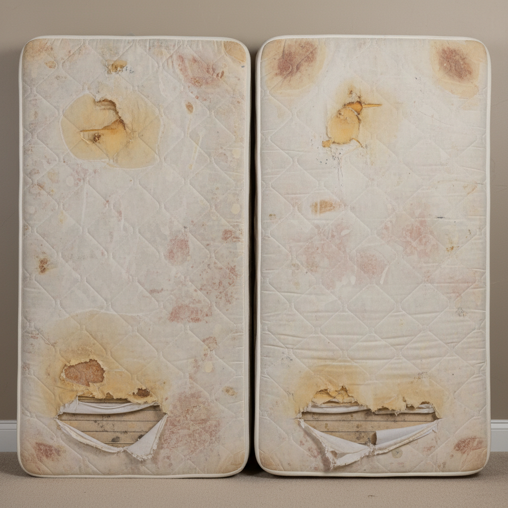 Worn beige carpet in spare bedroom with scuffed edges and visible stains