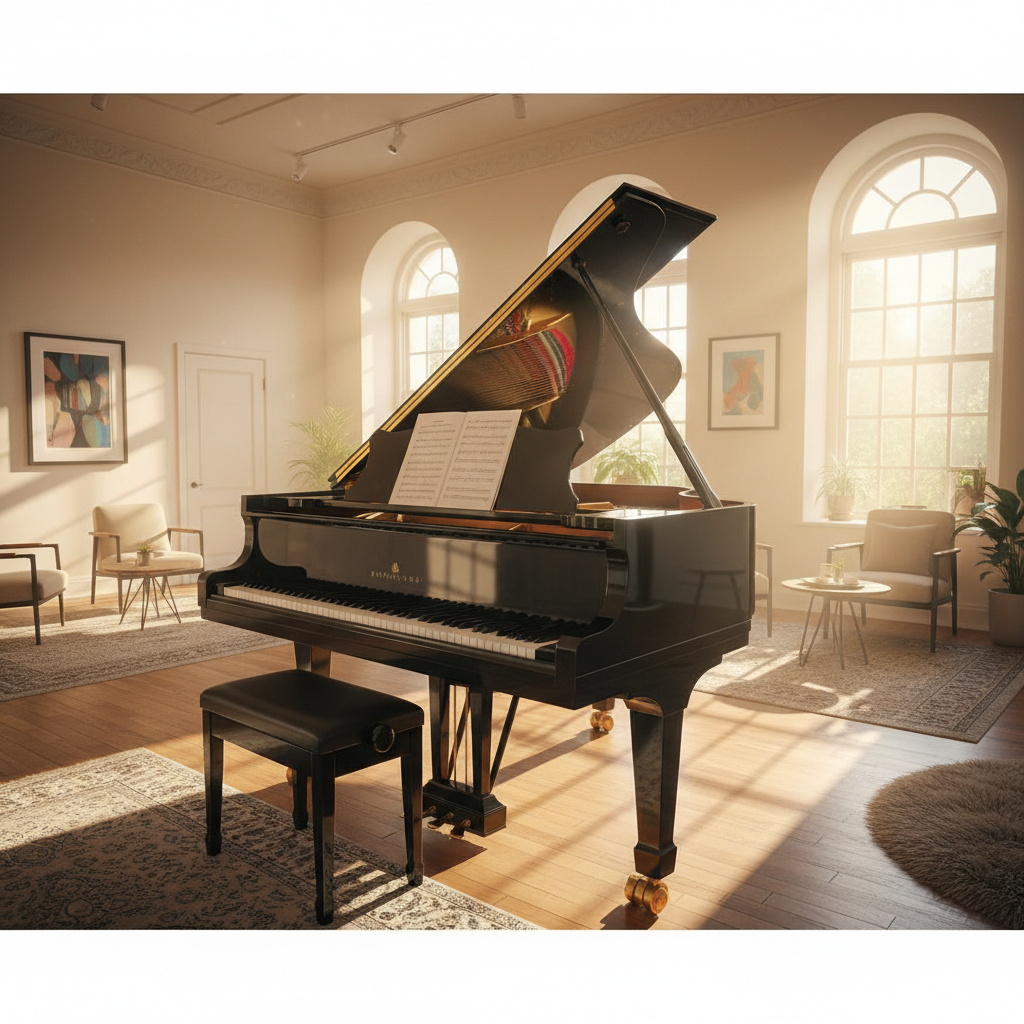 Sunlit jazz studio with warm morning light streaming through windows