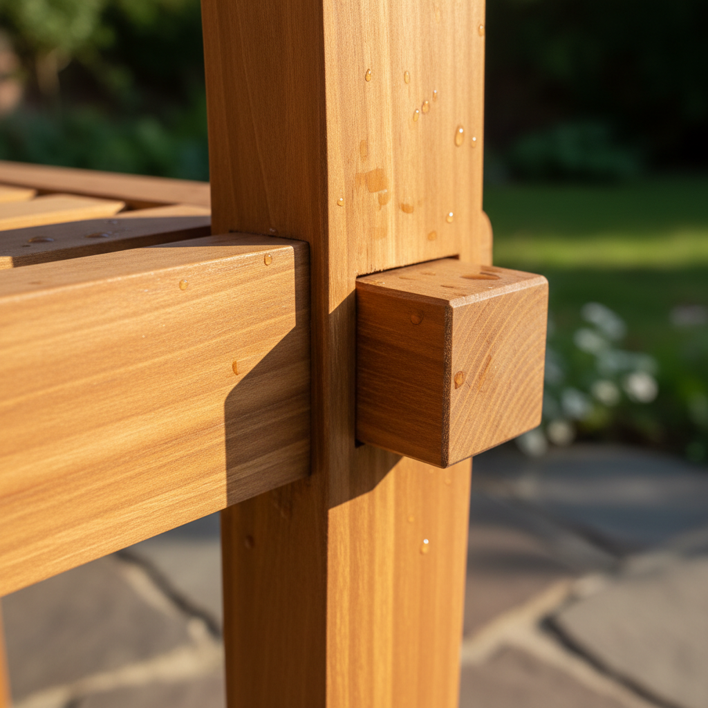 Close-up of mortise and tenon teak joinery on outdoor chair leg showing precision craftsmanship