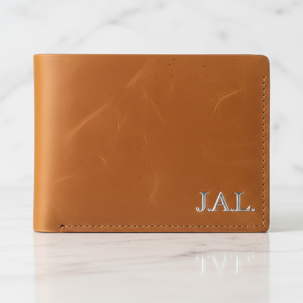 Monogrammed leather wallet in tan — bespoke customised article with hand-stamped initials and premium leather