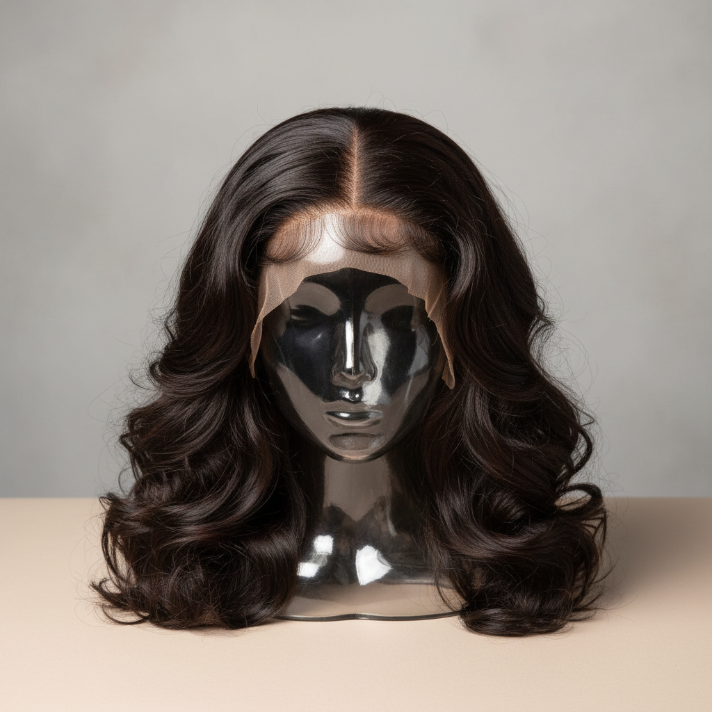 Custom handmade wig on dark background, dramatic studio lighting, deep shadows