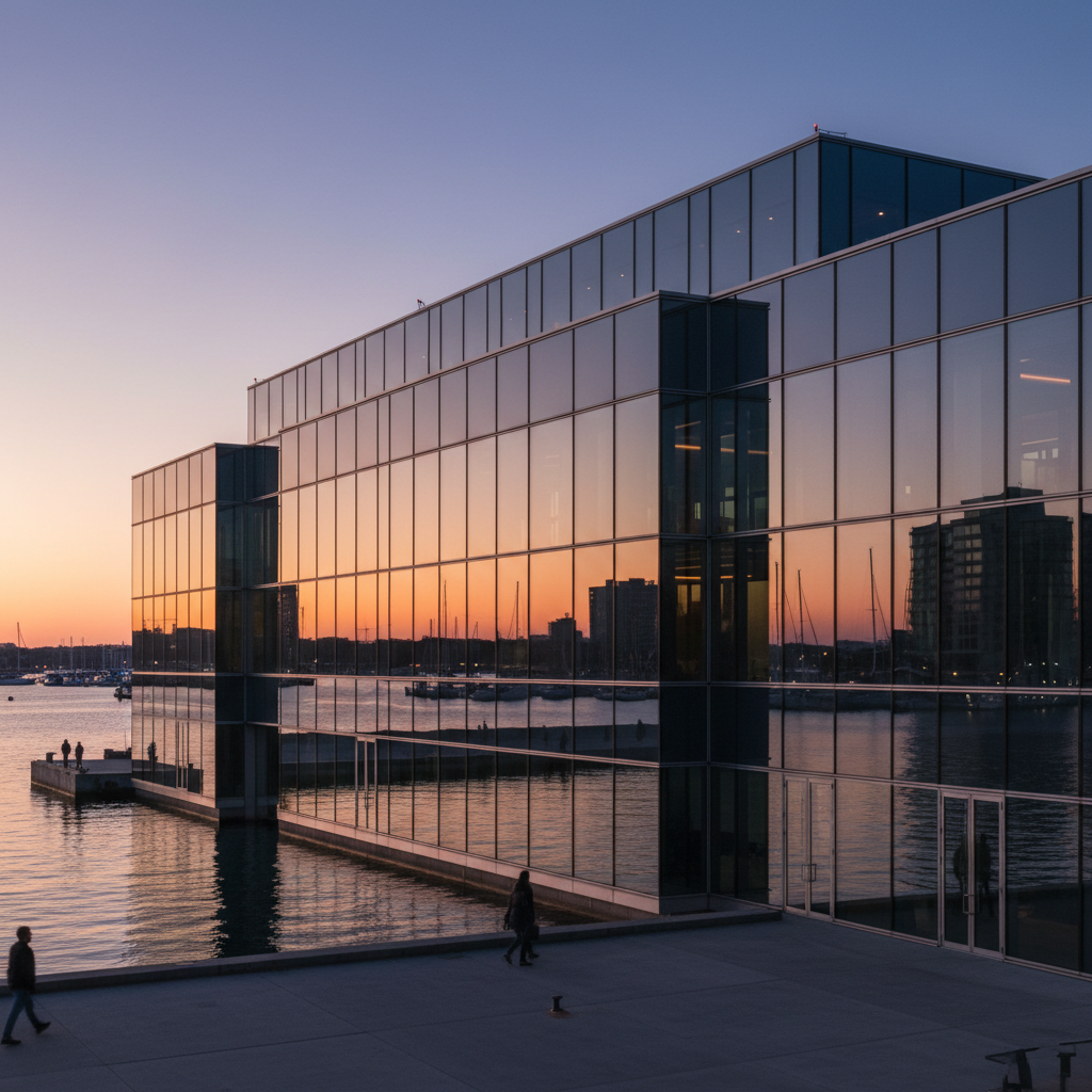 Sydney commercial glass facade building reflecting harbour twilight at dusk