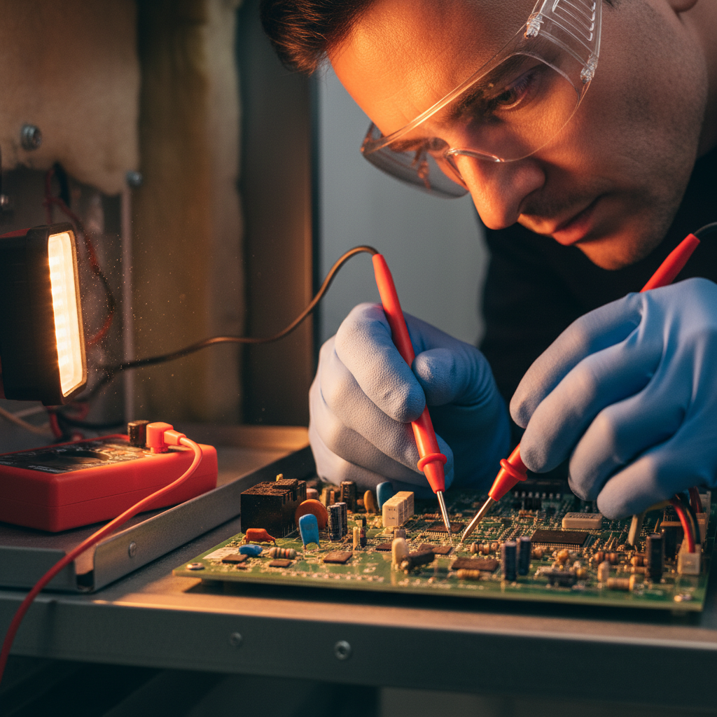 Certified HVAC technician performing furnace diagnostics with multimeter leads on circuit board, safety glasses on, amber work light illuminating components