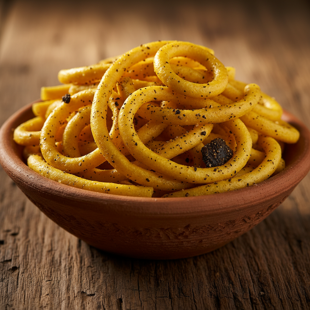 Golden crispy gathiya snacks piled high in a steel bowl, dark background with warm side lighting