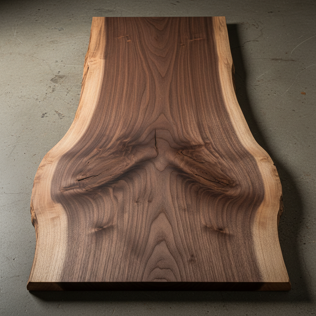 Figured black walnut slab with dramatic crotch figure and natural live edge, freshly planed revealing rich chocolate heartwood