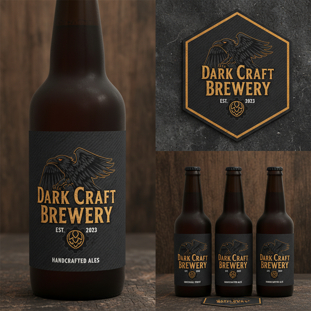 Dark craft brewery branding with matte black labels and bold amber typography