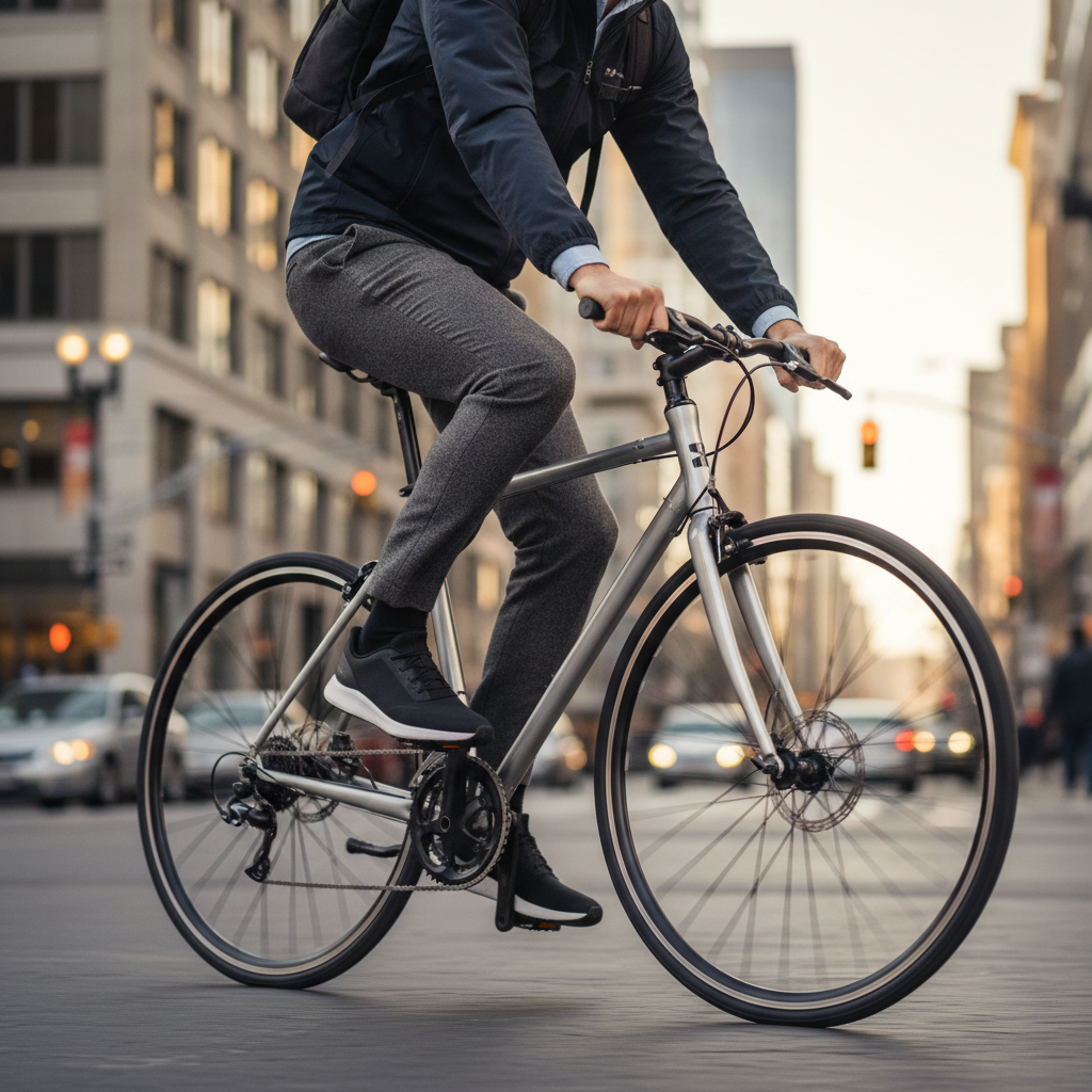 Hybrid professional commuting by bike in urban setting wearing Stride Obsidian shoes with wool trousers