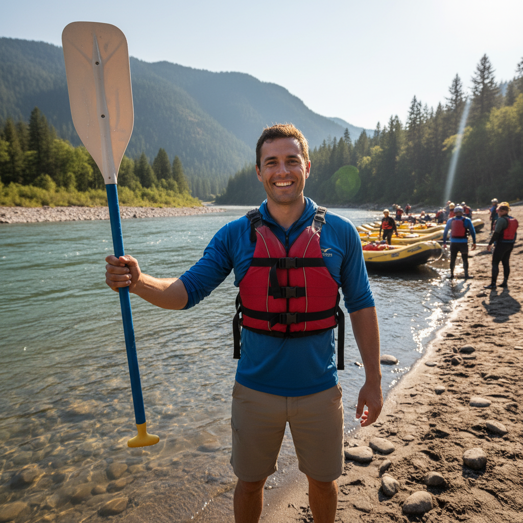 River guide Marcus Webb standing at the put-in with a paddle, wearing a red PFD and confident smile