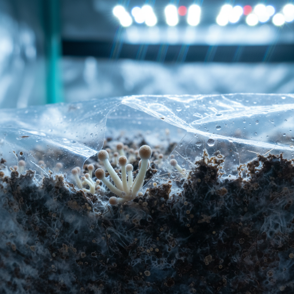 Fresh milky mushrooms growing on substrate bags, clean white caps, bright overhead light