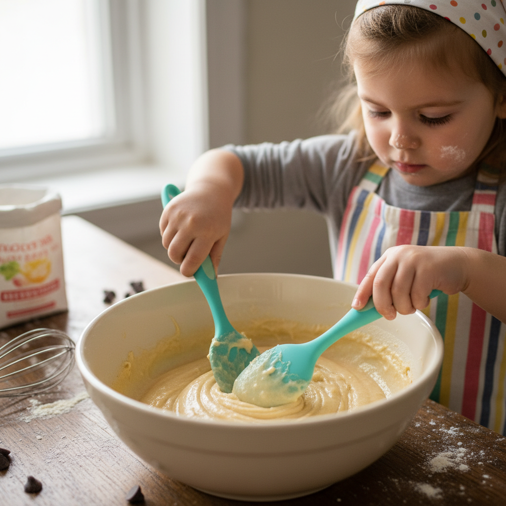 Child stirring batter in a large bowl with a two-handled silicone spoon